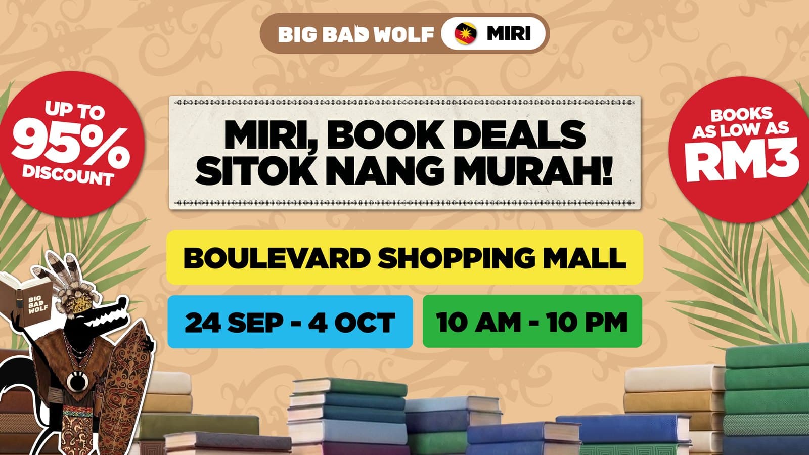 Big Bad Wolf Miri Opens 24 September at Boulevard Shopping Mall: Books from RM3, Up to 95% Off, and a Real Gold Bar in the Lucky Draw