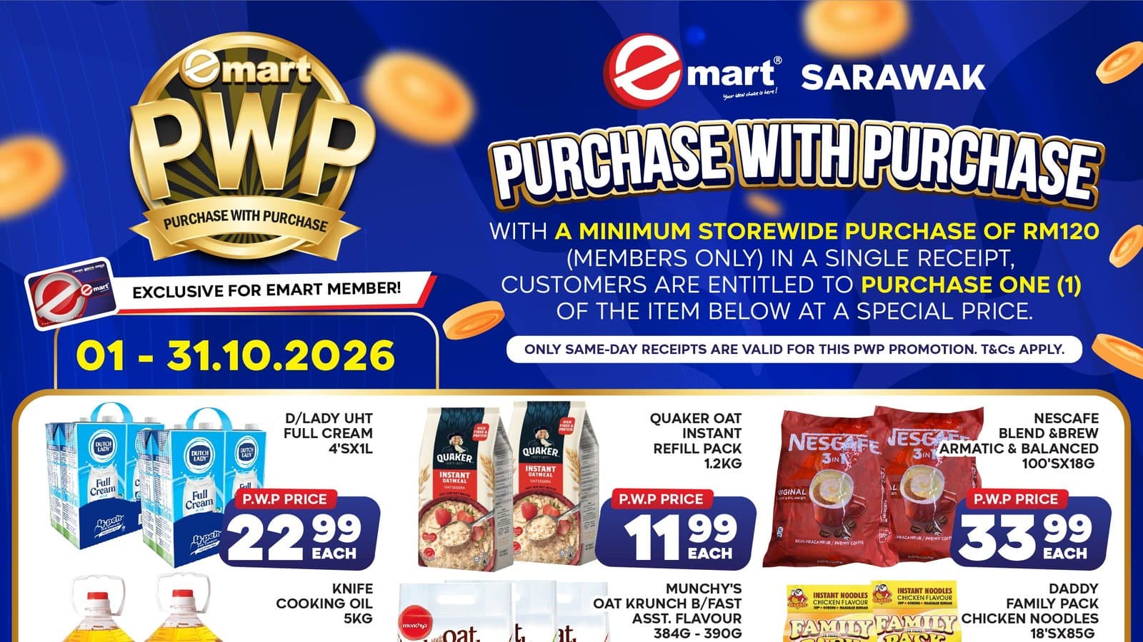 Emart Sarawak October 2026 PWP: 18 Member Prices from RM2.99 on One RM120 Receipt, Knife Oil 5kg RM31.99 (Till 31 Oct)