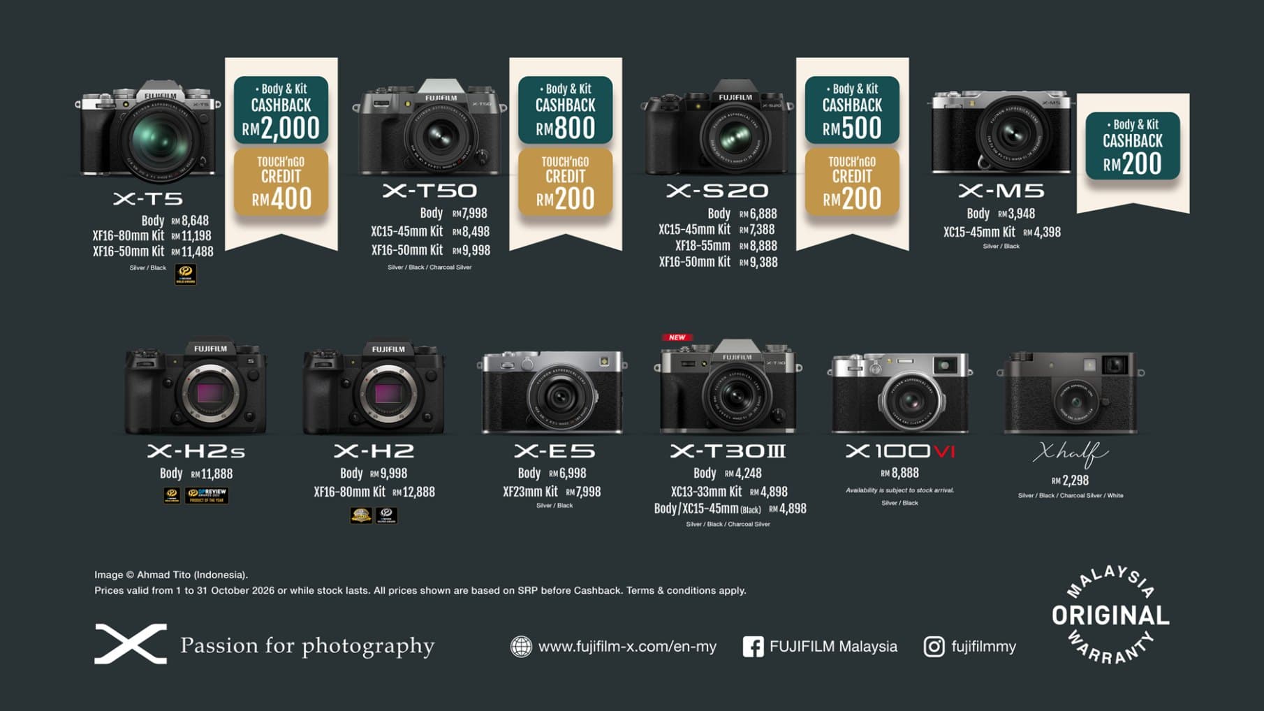 Fujifilm Malaysia October Cashback: X-T5 RM2,000 Off Plus RM400 Touch 'n Go, Ends 31 Oct