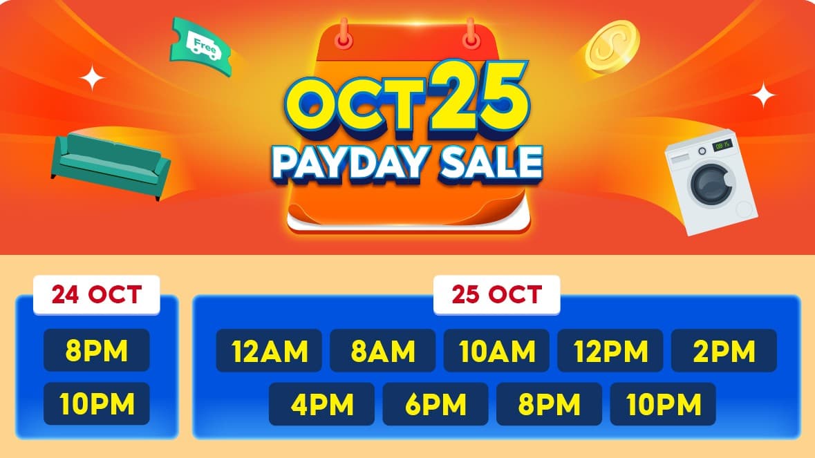 Shopee Oct 25 Payday Sale 2026 (19-25 Oct): Peak 8PM Sat 24 Oct, Knockout Voucher Times, RM50 Off Bulky Shipping
